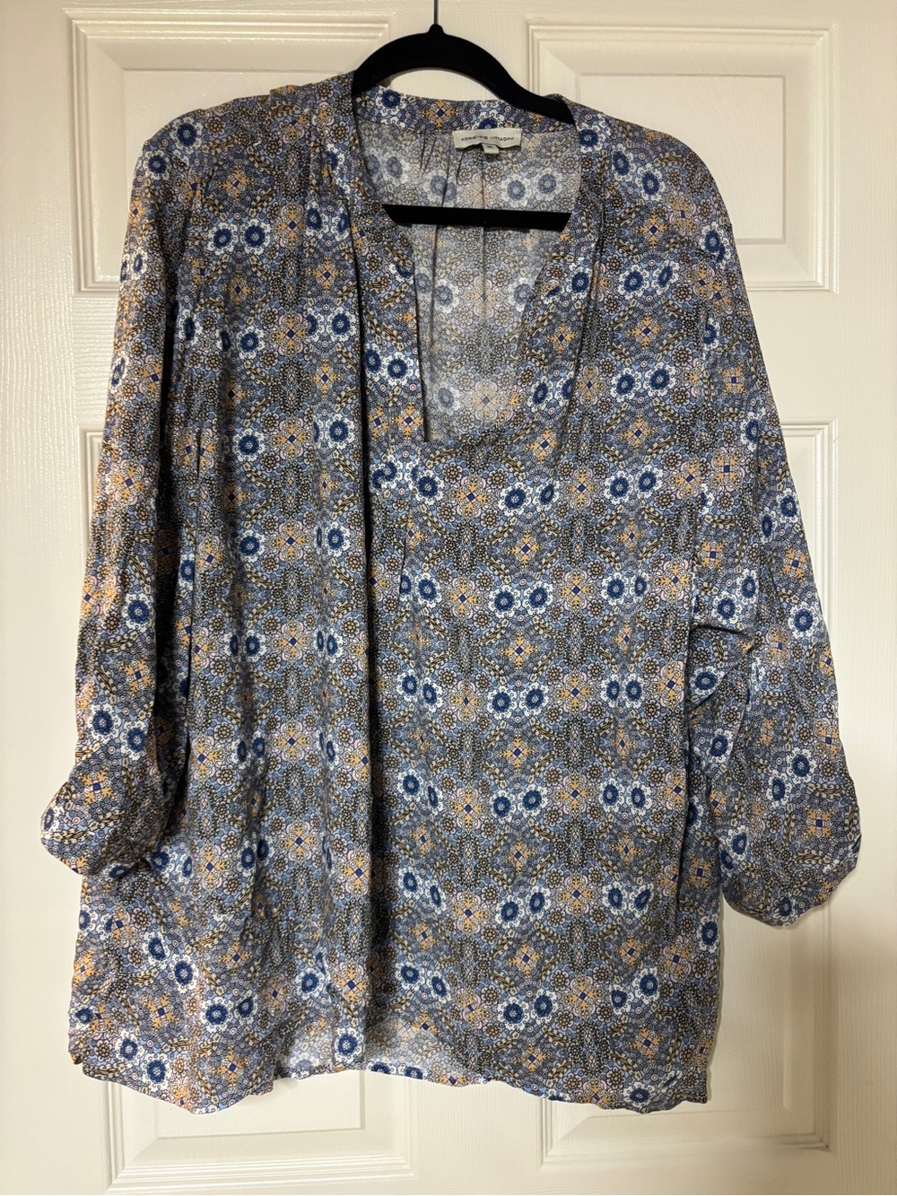 Adrienne Vittadini Blue and Gold Floral Print Tunic